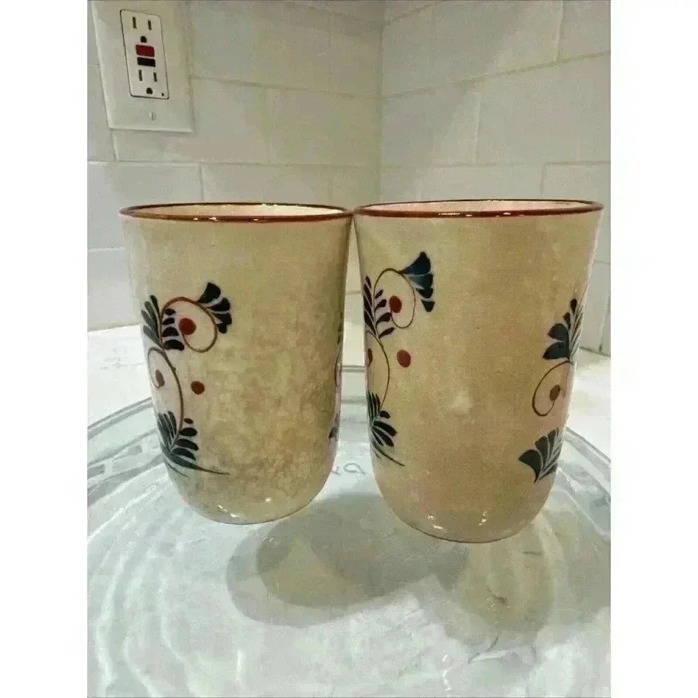 2 Vintage Nasco Quimper-Style Hand Painted Dancing Lady Ceramic Juice Cups - Picture 3 of 14